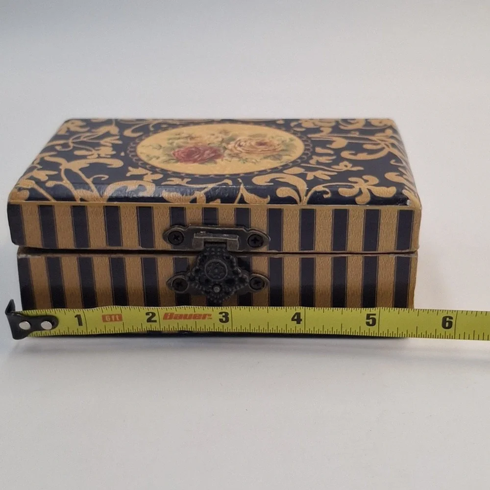 Vintage Small Wooden Jewelry Box Floral Rose Print Gold Foil Decoupage Latch
